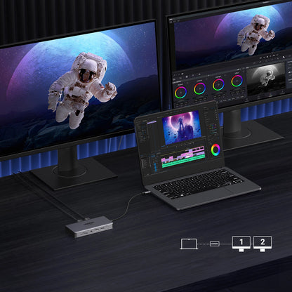 Hub USB-C UGREEN Revodok Pro 313 CM681, 2 x USB-A 3.2 - 1 x USB-A 3.0 - 2 x USB-C - 2 x HDMI - 1 x Jack 3.5mm - 1 x RJ45 - 1 x SD - 1 x microSD, Cinzento