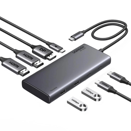 Hub USB-C UGREEN Revodok 308 CM639, 2 x USB-A 3.2 - 3 x USB-C - 1 x Display Port - 2 x HDMI, Cinzento
