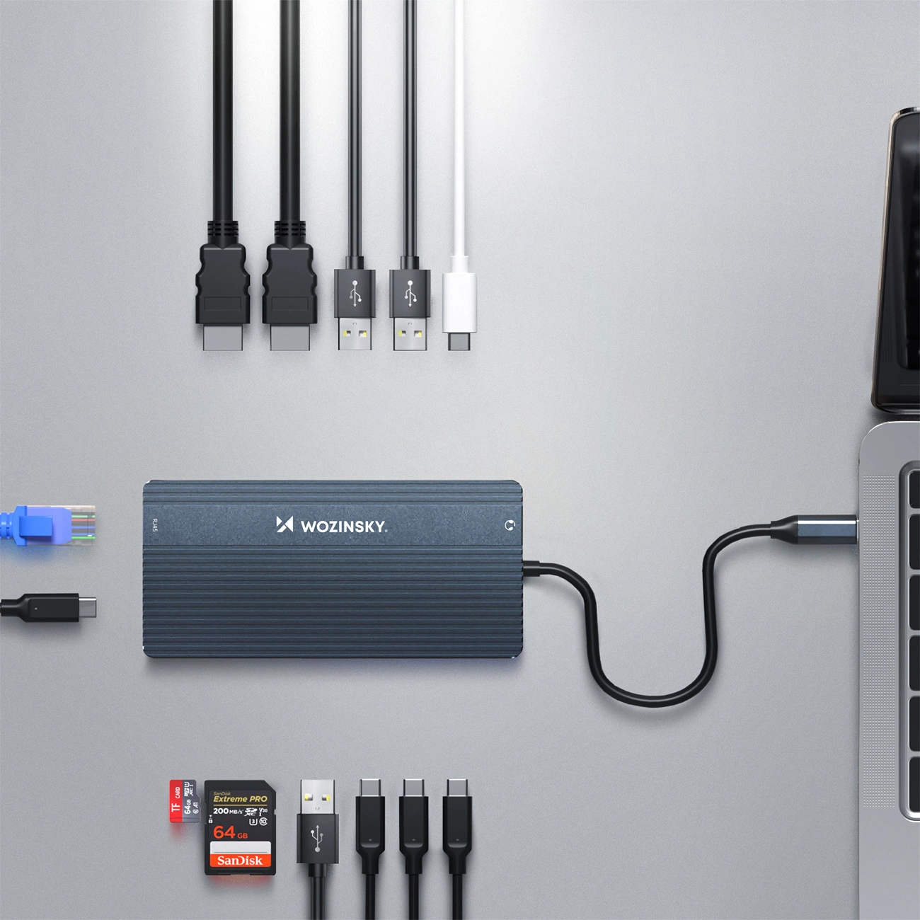 Hub USB-C WZK WDS03Y5S, 1 x USB-A 3.1 - 2 x USB-A - 5 x USB-C - 2 x HDMI - 1 x Jack 3.5mm - 1 x RJ45 - 1 x SD - 1 x microSD, Cinzento