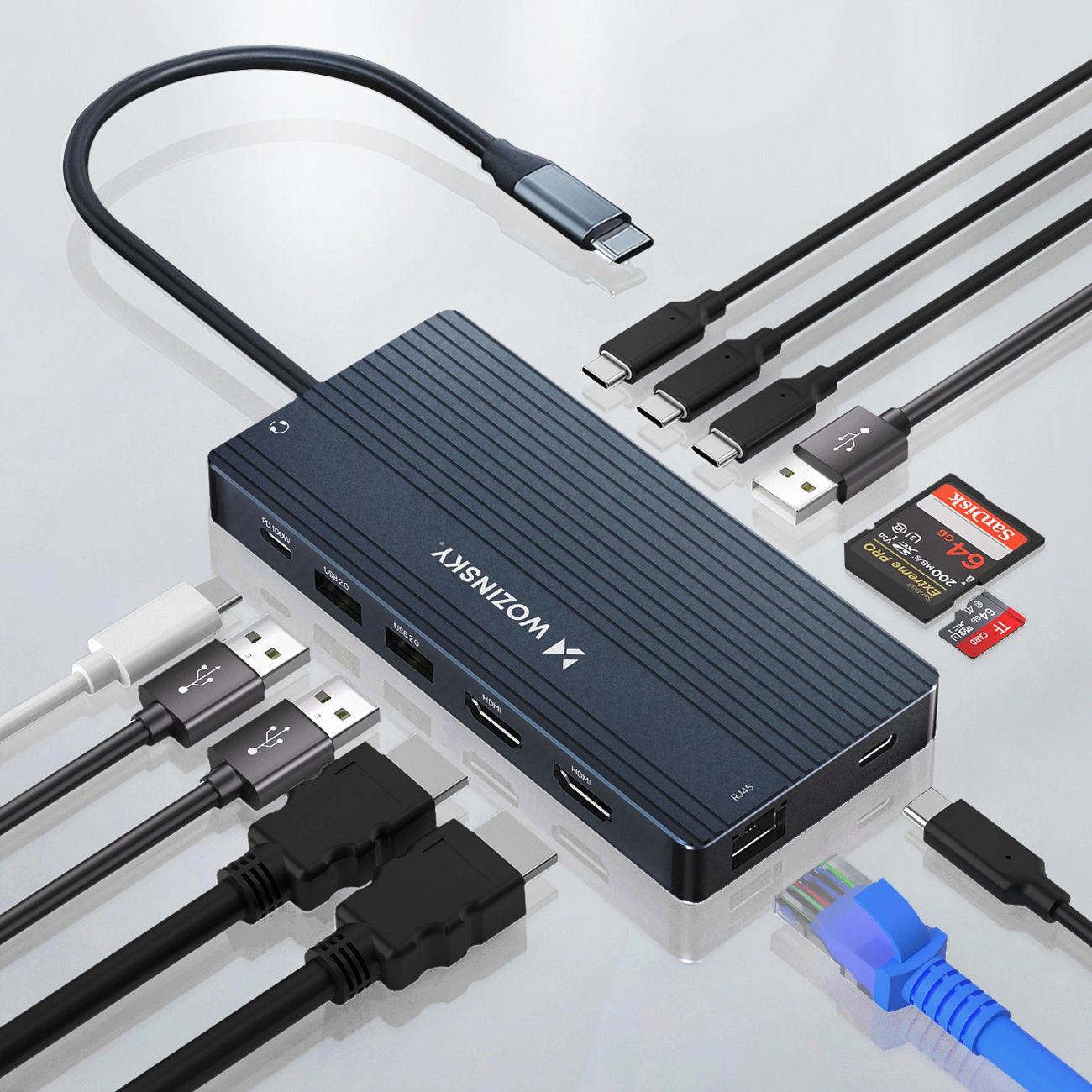 Hub USB-C WZK WDS03Y5S, 1 x USB-A 3.1 - 2 x USB-A - 5 x USB-C - 2 x HDMI - 1 x Jack 3.5mm - 1 x RJ45 - 1 x SD - 1 x microSD, Cinzento