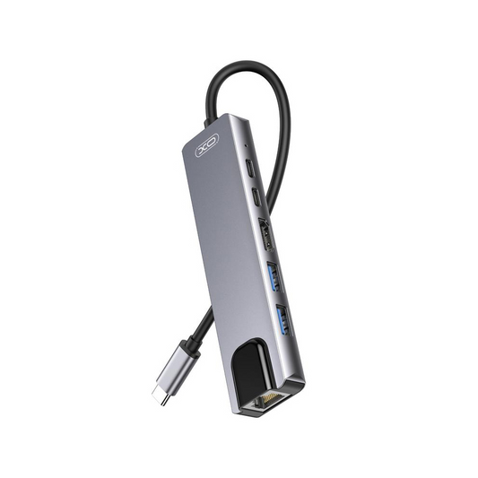 Hub USB-C XO Design HUB013, 1 x USB-A - 1 x USB-A 3.0 - 2 x USB-C - 1 x HDMI - 1 x RJ45, Cinzento