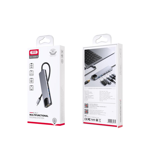 Hub USB-C XO Design HUB013, 1 x USB-A - 1 x USB-A 3.0 - 2 x USB-C - 1 x HDMI - 1 x RJ45, Cinzento