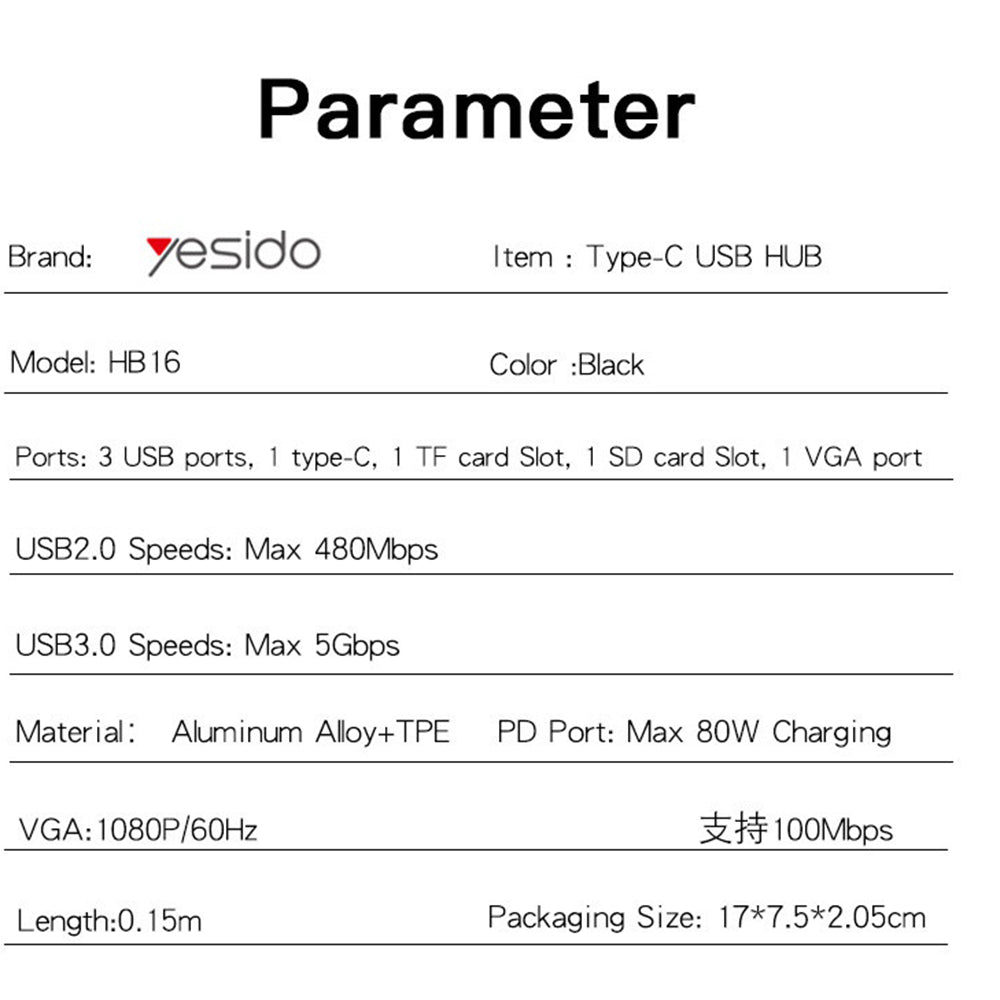 Hub USB-C Yesido HB16, 7 em 1, Cinzento