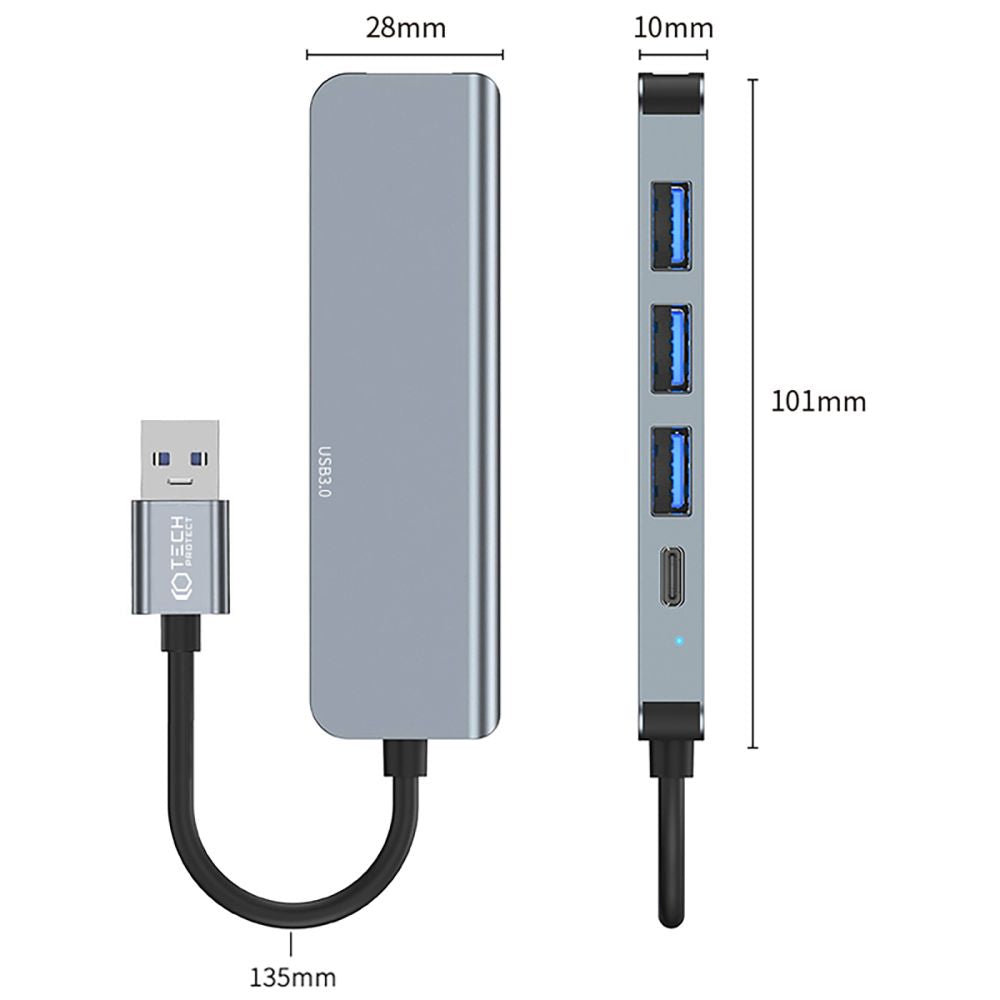 Concentrador USB Tech-Protect V0, 3 x USB-A 3.0 - 1 x USB-A - 1 x USB-C, cinzento