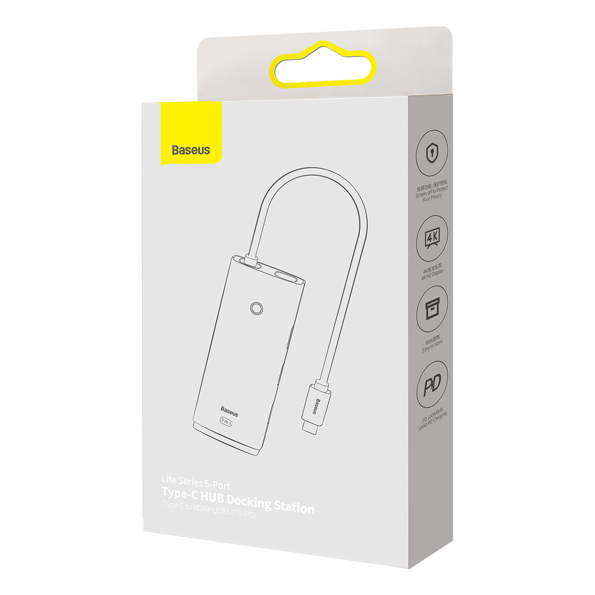 Hub USB-C Baseus Lite, 3 X USB-A 3.0 - USB-C - HDMI, Preto WKQX040001