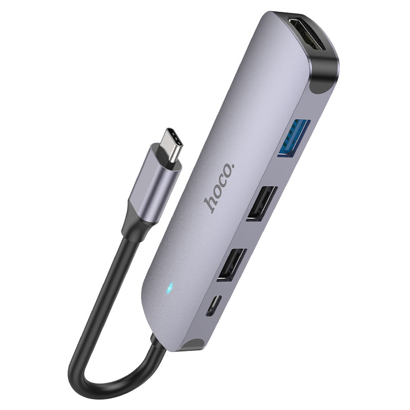 Hub USB-C HOCO HB27, USB-A 3.0 - 2 x USB-A - USB-C - HDMI, Cinzento