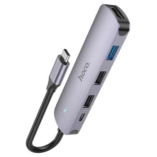 Hub USB-C HOCO HB27, USB-A 3.0 - 2 x USB-A - USB-C - HDMI, Cinzento