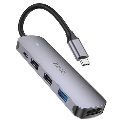 Hub USB-C HOCO HB27, USB-A 3.0 - 2 x USB-A - USB-C - HDMI, Cinzento