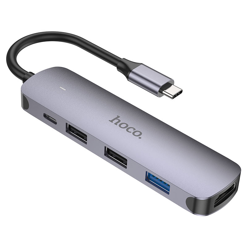 Hub USB-C HOCO HB27, USB-A 3.0 - 2 x USB-A - USB-C - HDMI, Cinzento