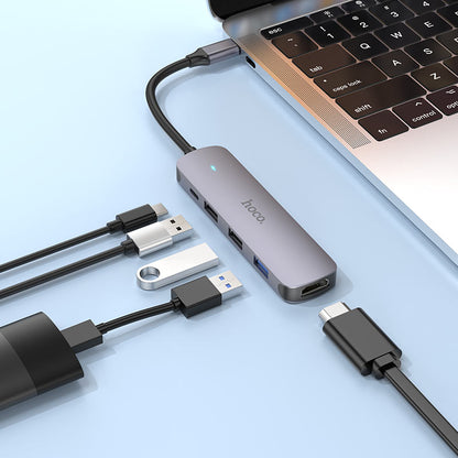 Hub USB-C HOCO HB27, USB-A 3.0 - 2 x USB-A - USB-C - HDMI, Cinzento