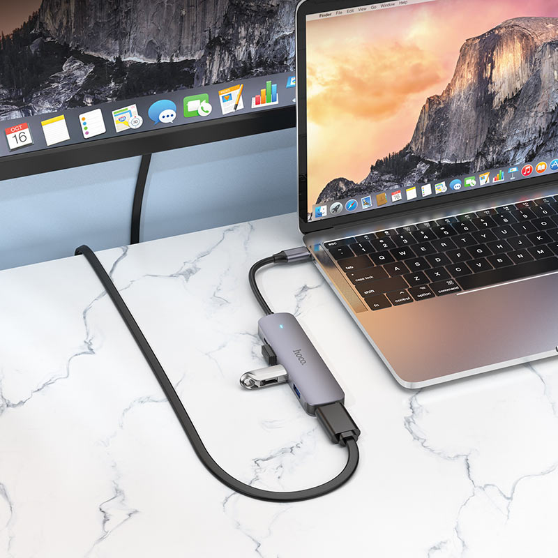 Hub USB-C HOCO HB27, USB-A 3.0 - 2 x USB-A - USB-C - HDMI, Cinzento