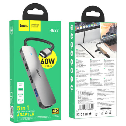 Hub USB-C HOCO HB27, USB-A 3.0 - 2 x USB-A - USB-C - HDMI, Cinzento