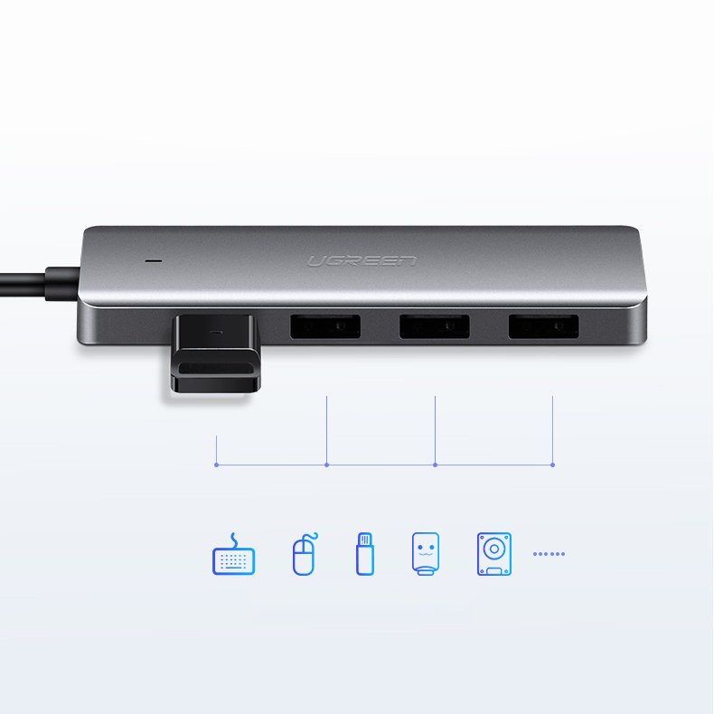 Hub USB UGREEN CM219, 4 x USB-A 3.0 - 1 x USB-C, Cinzento