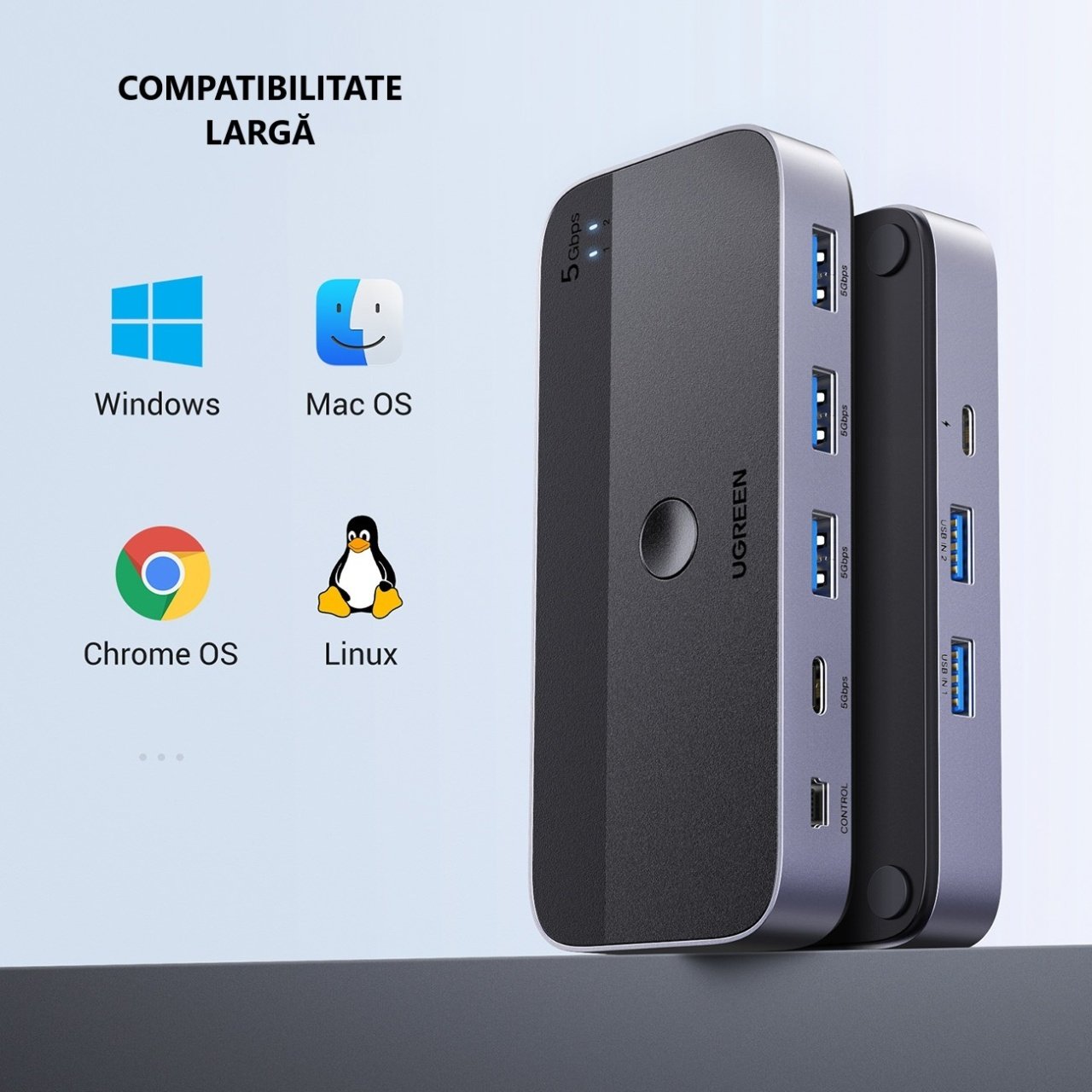 Hub USB UGREEN CM662, 3 x USB-A 3.0 - 1 x USB-C - 1 x miniUSB, Preto