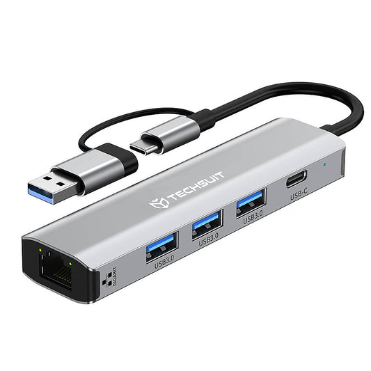 Hub USB / USB-C Techsuit H3 BoostNetLink, 5 em 1, Cinzento