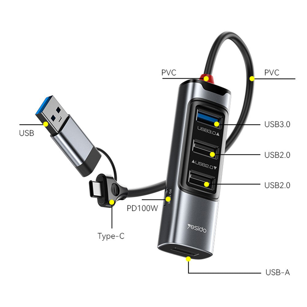 Hub USB / USB-C Yesido HB20, 5in1, Cinzento