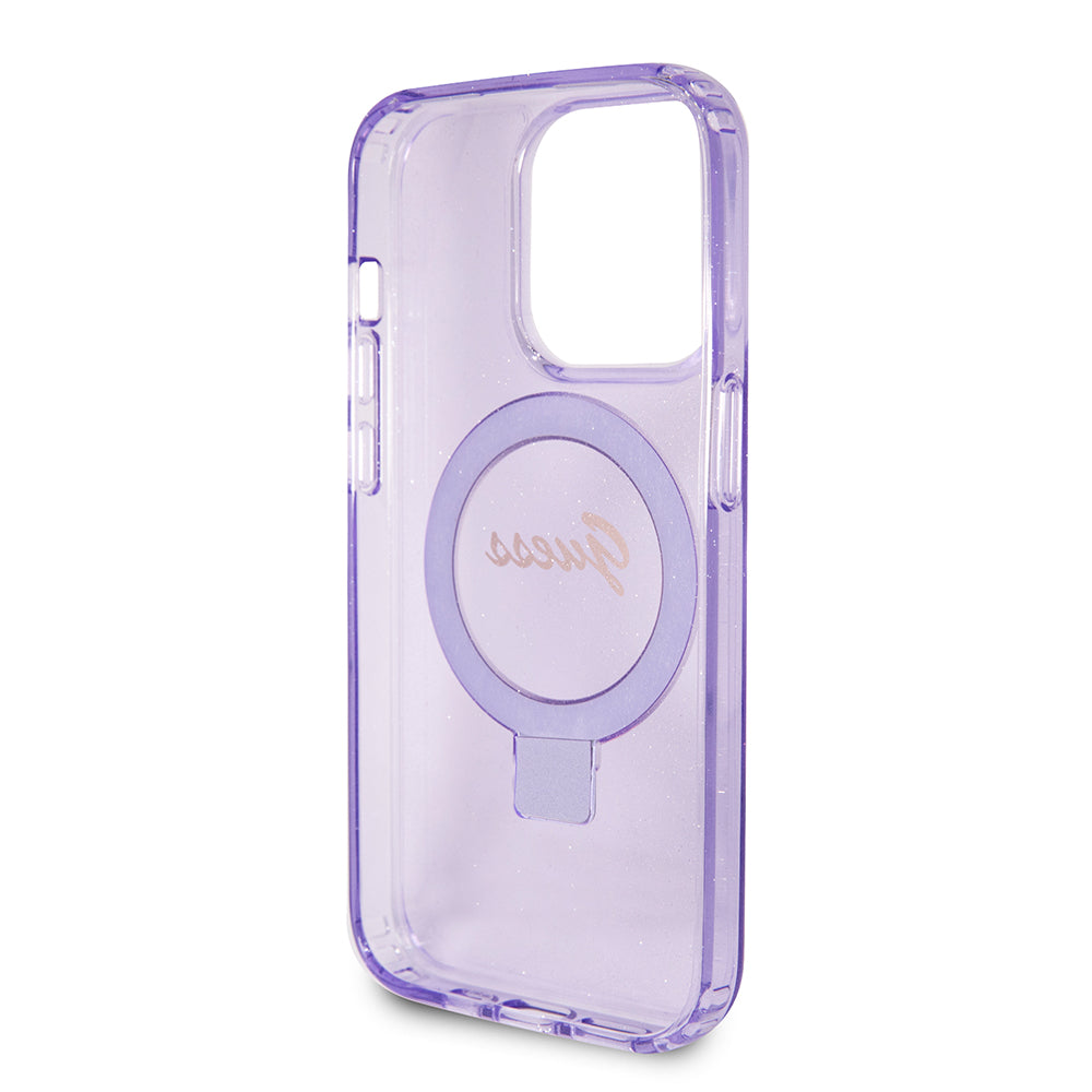 Capa MagSafe para Apple iPhone 15 Pro Max, Guess, IML Ring Stand Glitter, Roxo GUHMP15XHRSGSU