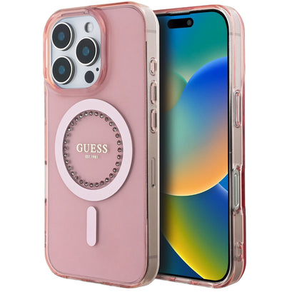 Capa MagSafe para Apple iPhone 16 Pro Max, Guess, IML Rhinestones Ring, Rosa GUHMP16XPFTDTEP