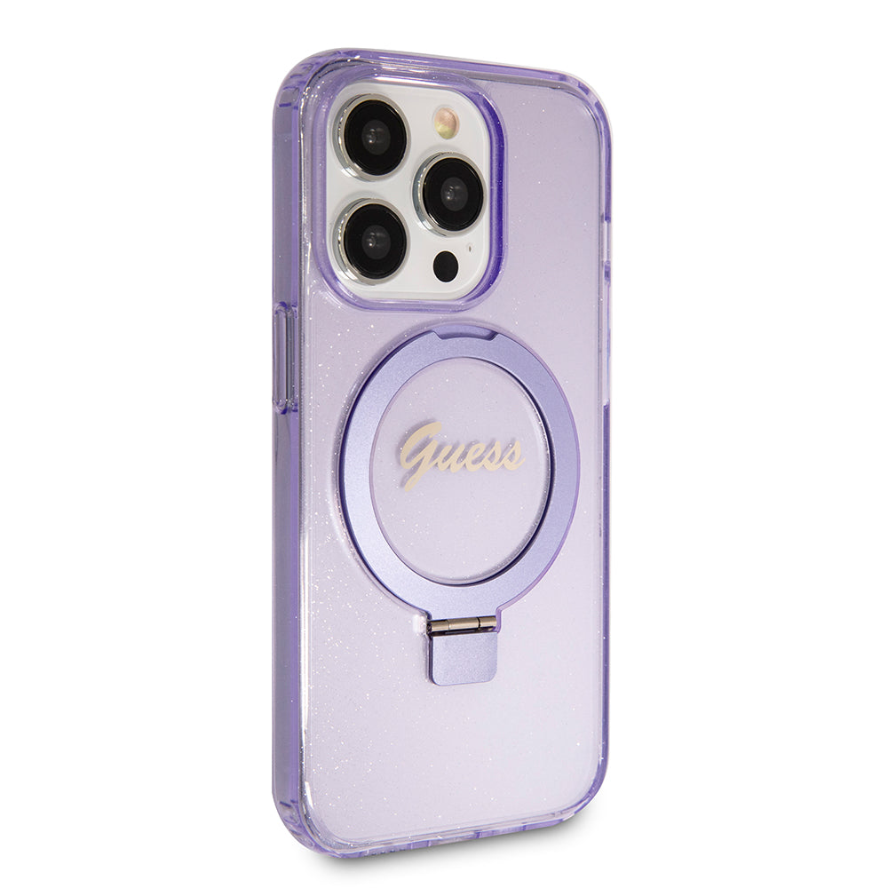 Capa MagSafe para Apple iPhone 15 Pro Max, Guess, IML Ring Stand Glitter, Roxo GUHMP15XHRSGSU