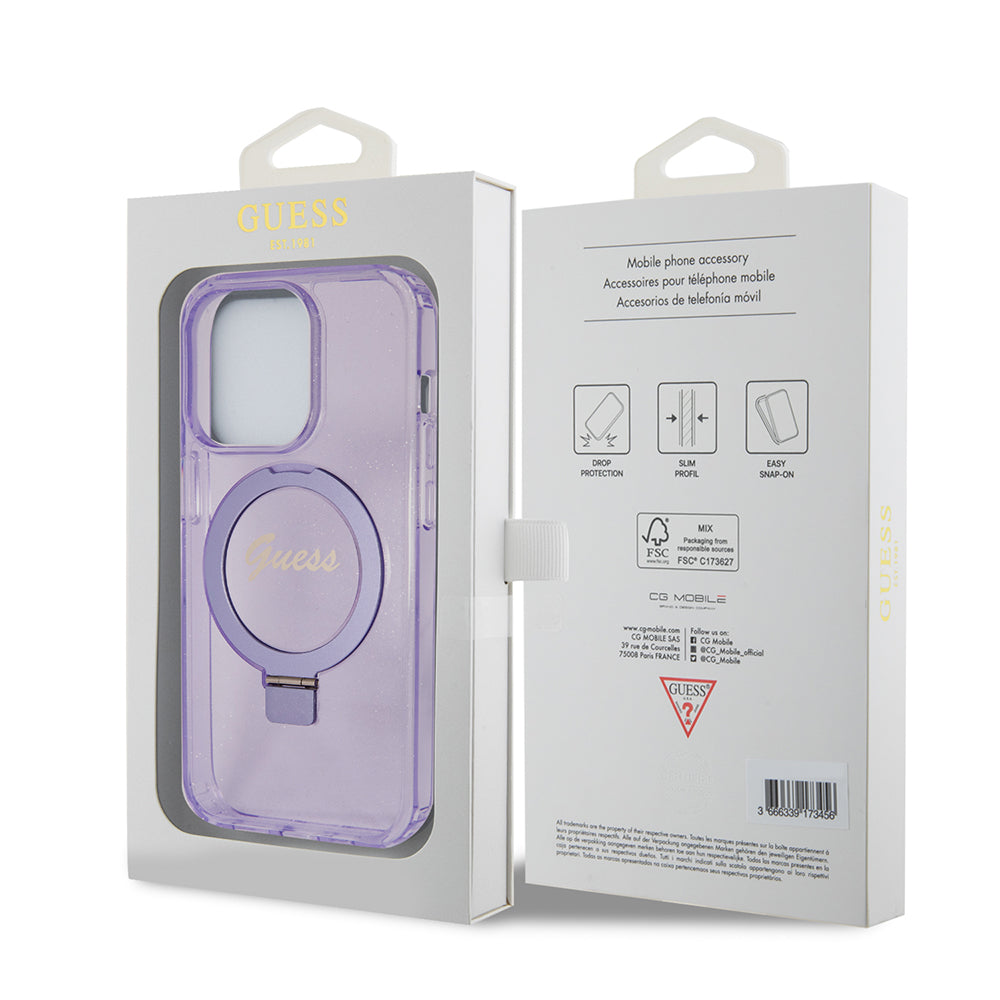 Capa MagSafe para Apple iPhone 15 Pro Max, Guess, IML Ring Stand Glitter, Roxo GUHMP15XHRSGSU