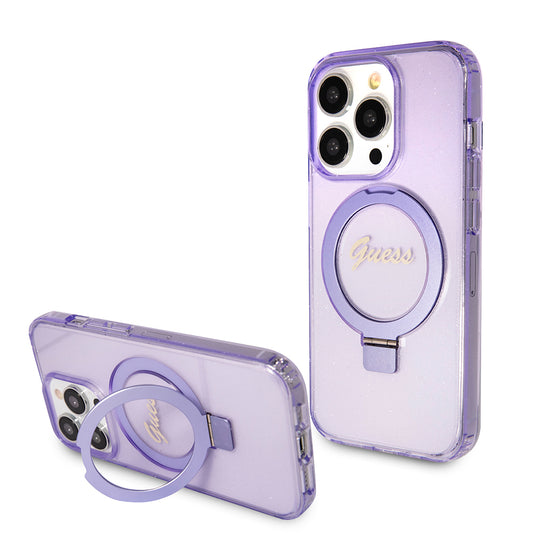 Capa MagSafe para Apple iPhone 15 Pro Max, Guess, IML Ring Stand Glitter, Roxo GUHMP15XHRSGSU
