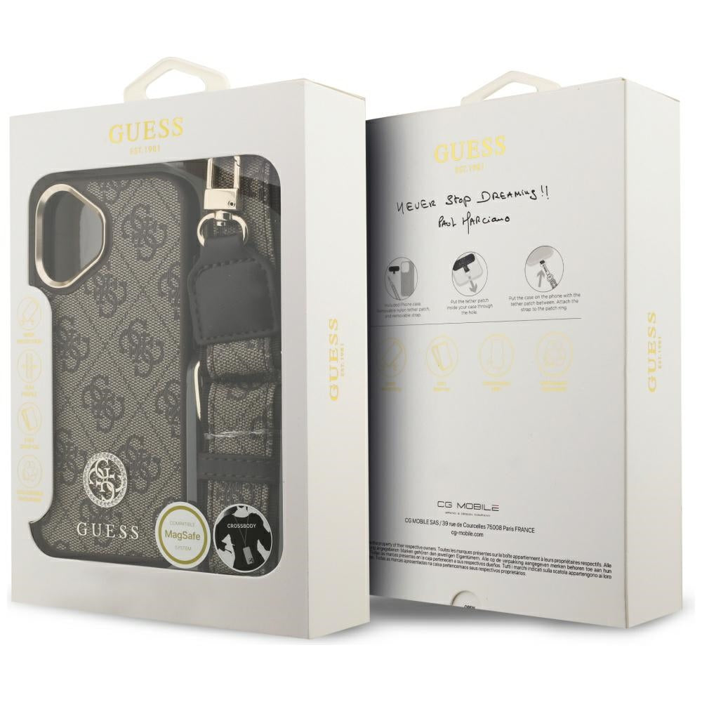 Capa MagSafe para Apple iPhone 17, Guess, 4G Strass Logo com Alça Grande, Marrom, Reembalada