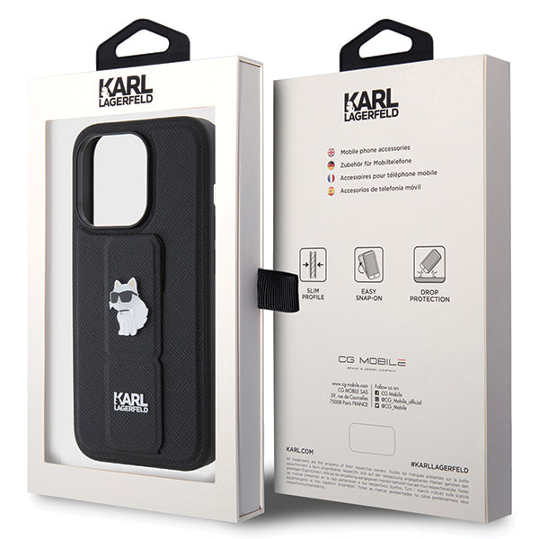 Capa MagSafe para Apple iPhone 14 Pro, Karl Lagerfeld, Saffiano Gripstand Choupette, Preta