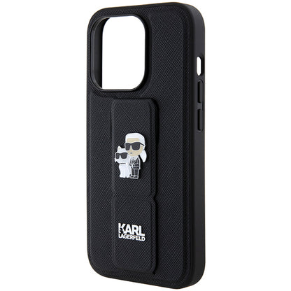Capa MagSafe para Apple iPhone 14 Pro, Karl Lagerfeld, Saffiano Gripstand Karl & Choupette, Preta.