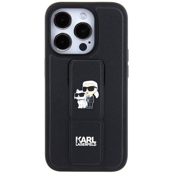 Capa MagSafe para Apple iPhone 14 Pro, Karl Lagerfeld, Saffiano Gripstand Karl & Choupette, Preta.