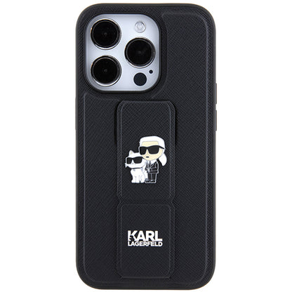 Capa MagSafe para Apple iPhone 14 Pro, Karl Lagerfeld, Saffiano Gripstand Karl & Choupette, Preta.