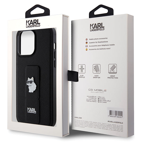 Capa MagSafe para Apple iPhone 14 Pro Max, Karl Lagerfeld, Saffiano Gripstand Choupette, Preta.