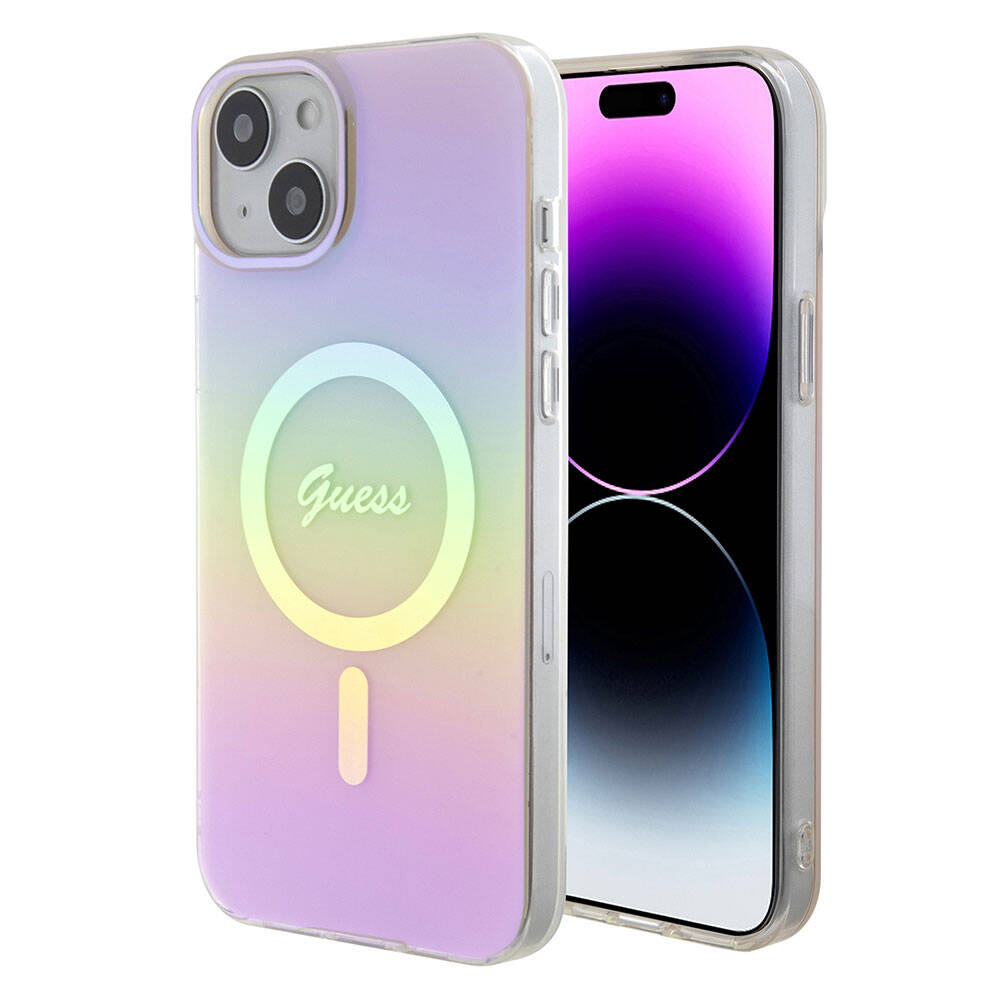 Capa MagSafe para Apple iPhone 15, Guess, IML Iridescent Script, Rosa GUHMP15SHITSP