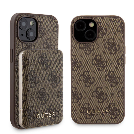 Capa MagSafe para Apple iPhone 15, Guess, Powerbank 4G Metal Logo, Castanho