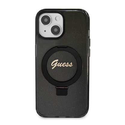 Capa MagSafe para Apple iPhone 15, Guess, Ring Stand Script Glitter, Preta