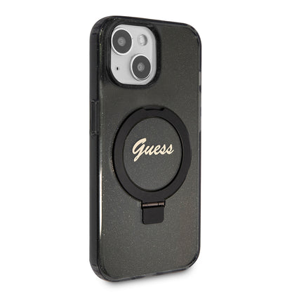 Capa MagSafe para Apple iPhone 15, Guess, Ring Stand Script Glitter, Preta
