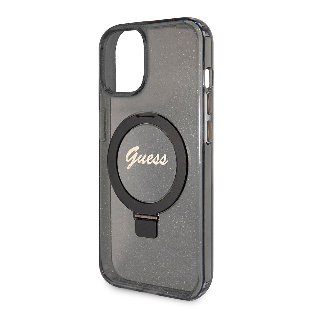 Capa MagSafe para Apple iPhone 15, Guess, Ring Stand Script Glitter, Preta