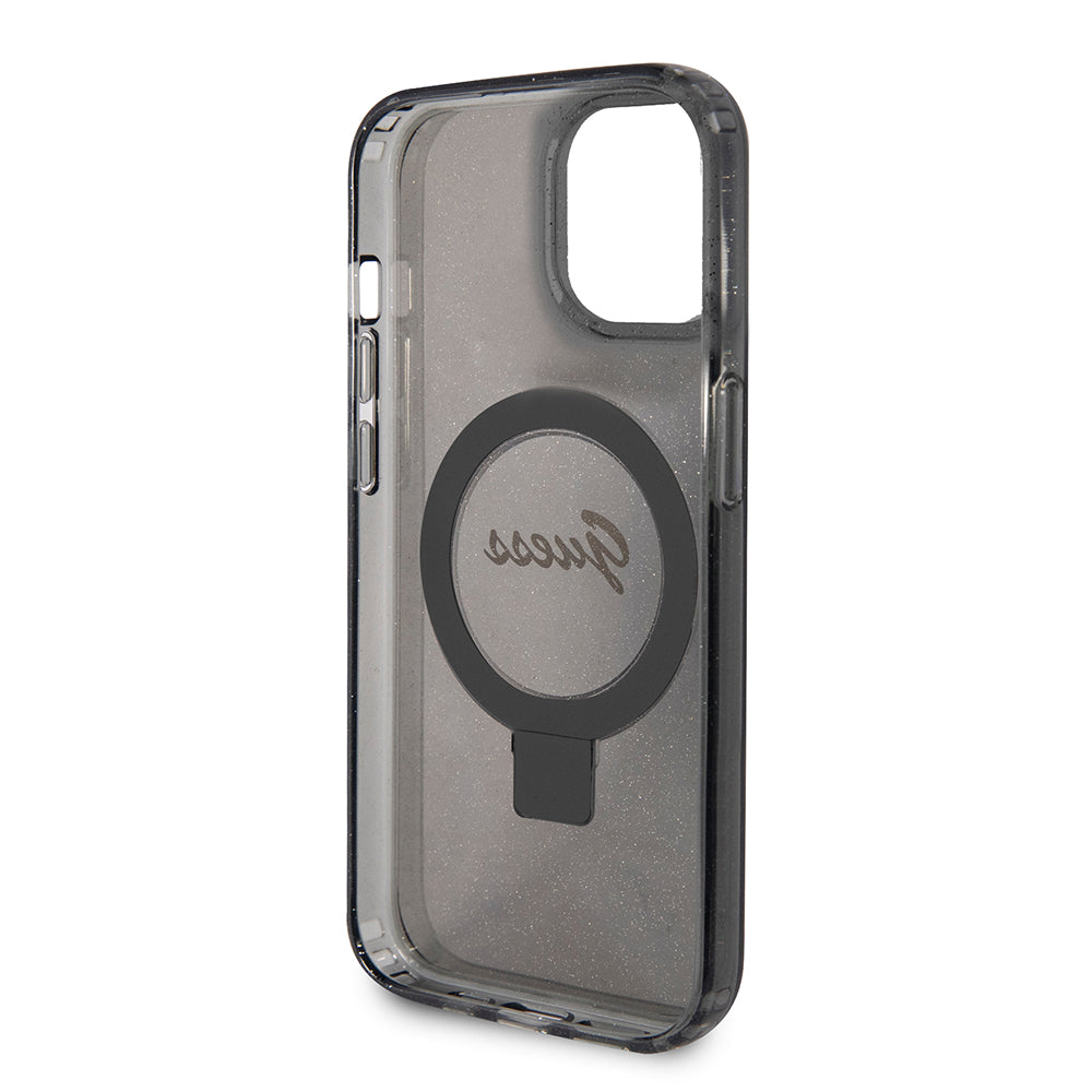 Capa MagSafe para Apple iPhone 15, Guess, Ring Stand Script Glitter, Preta