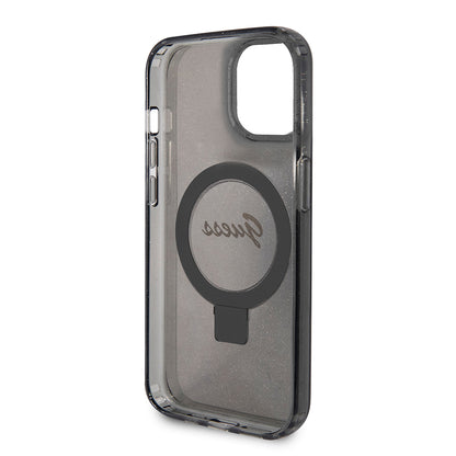 Capa MagSafe para Apple iPhone 15, Guess, Ring Stand Script Glitter, Preta