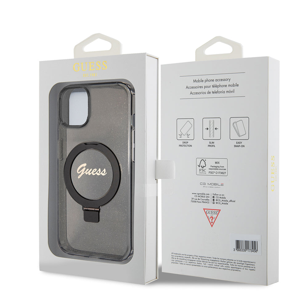 Capa MagSafe para Apple iPhone 15, Guess, Ring Stand Script Glitter, Preta
