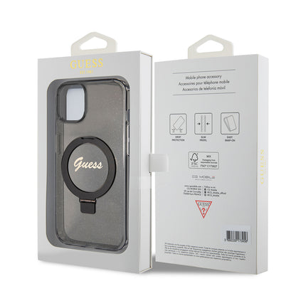 Capa MagSafe para Apple iPhone 15, Guess, Ring Stand Script Glitter, Preta