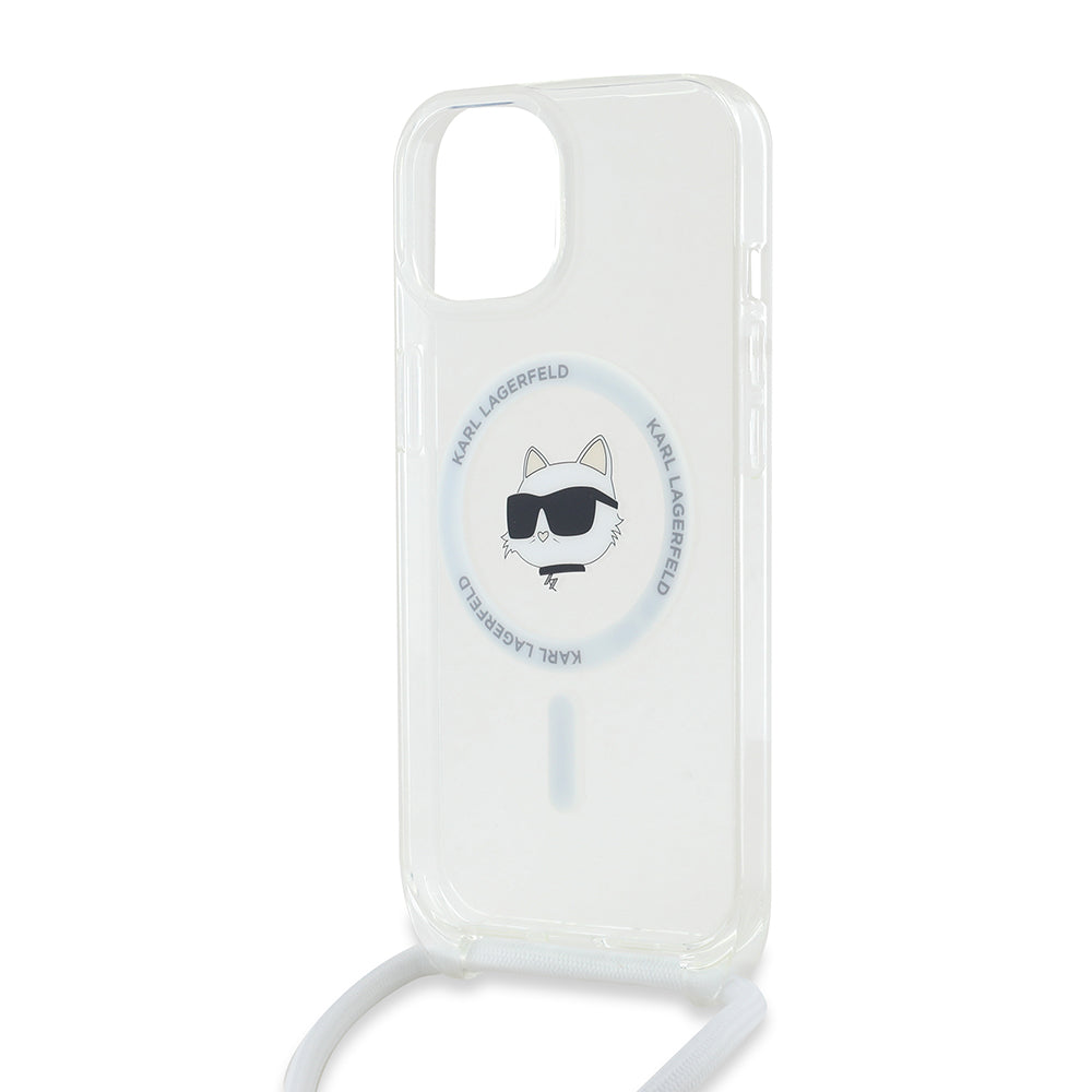 Capa MagSafe para Apple iPhone 15, Karl Lagerfeld, IML Crossbody Choupette's Head com Alça, Transparente