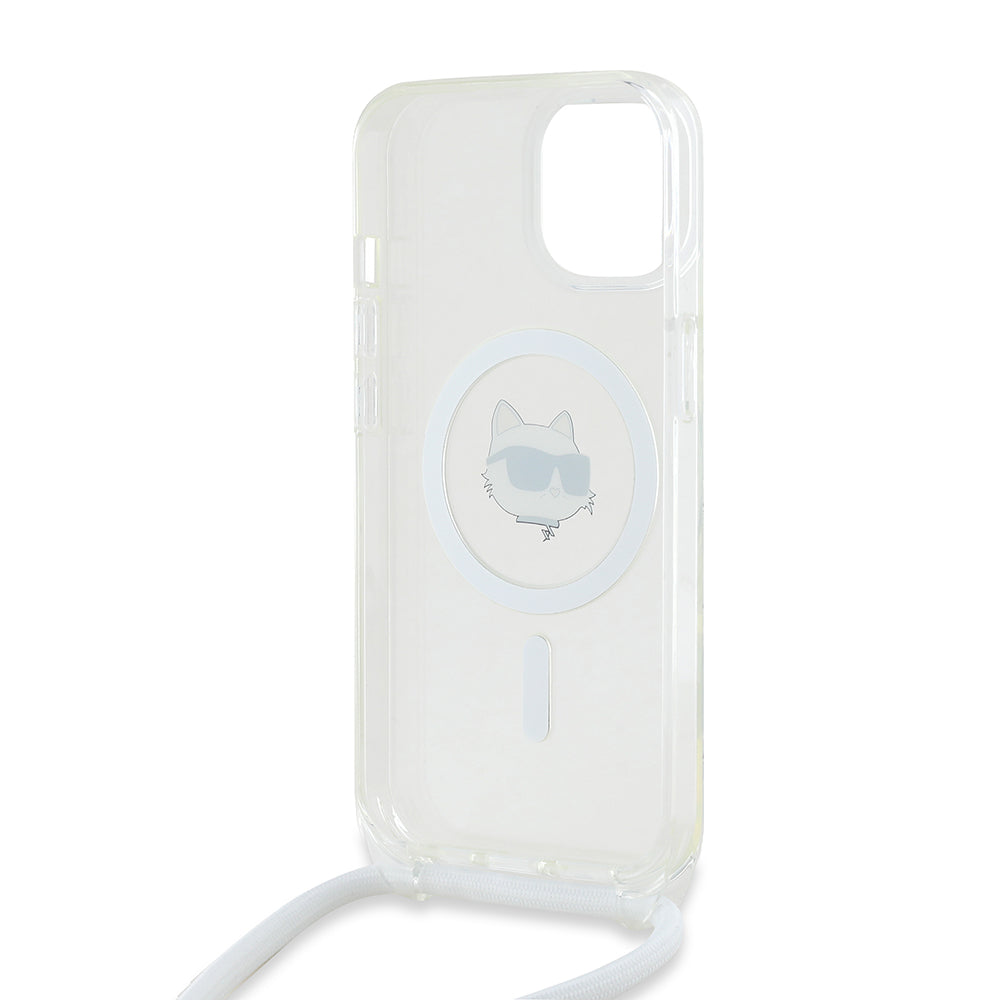 Capa MagSafe para Apple iPhone 15, Karl Lagerfeld, IML Crossbody Choupette's Head com Alça, Transparente