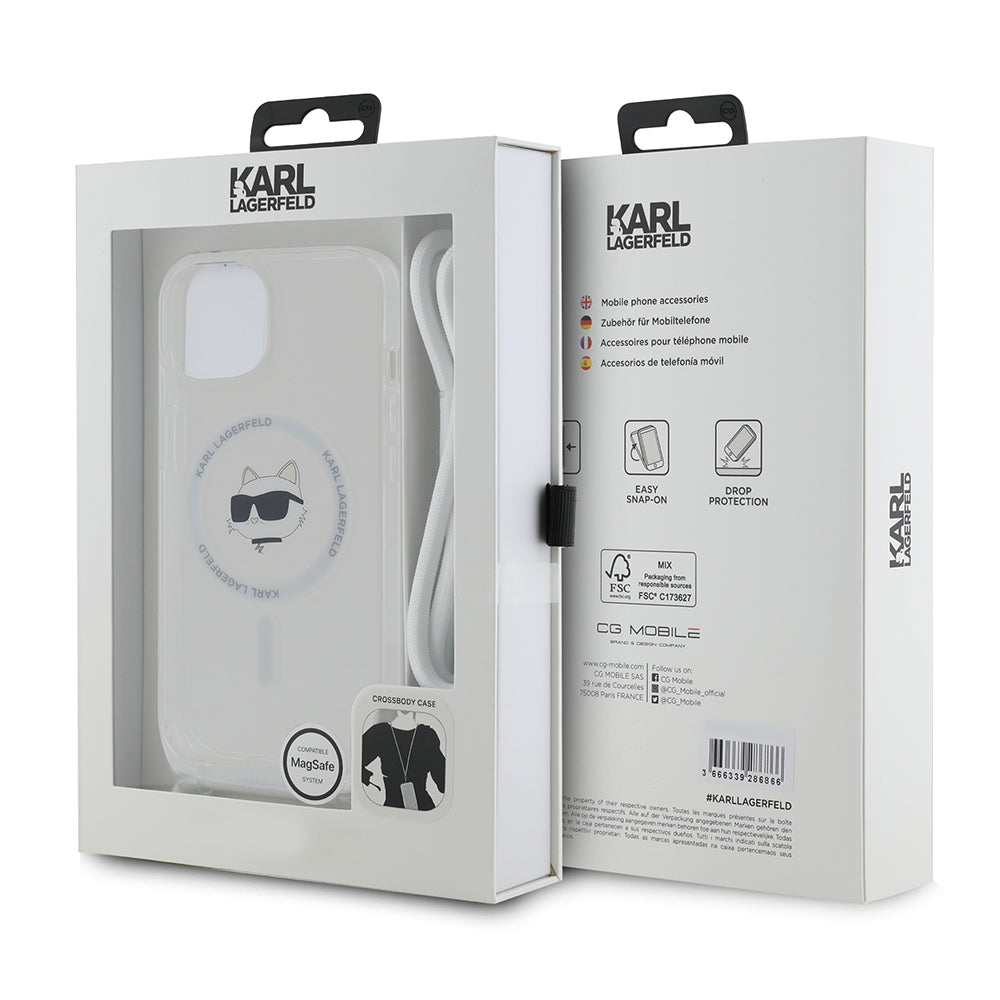 Capa MagSafe para Apple iPhone 15, Karl Lagerfeld, IML Crossbody Choupette's Head com Alça, Transparente