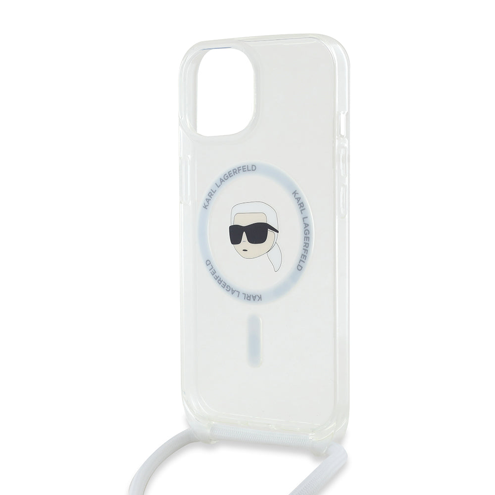 Capa MagSafe para Apple iPhone 15, Karl Lagerfeld, IML Crossbody Karl's Head, Transparente