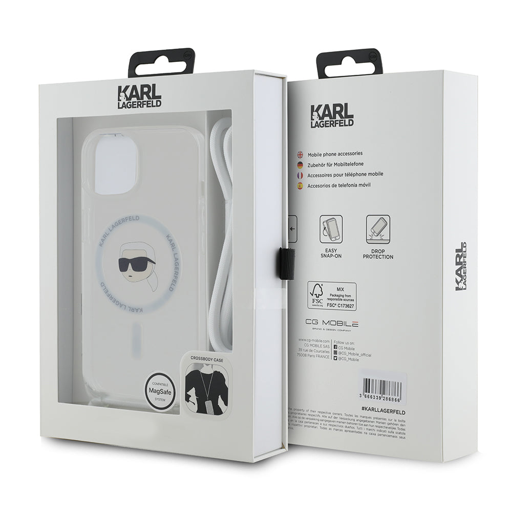 Capa MagSafe para Apple iPhone 15, Karl Lagerfeld, IML Crossbody Karl's Head, Transparente