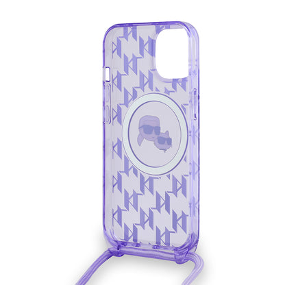 Capa MagSafe para Apple iPhone 15, Karl Lagerfeld, IML Crossbody Monograma Karl & Choupette's Heads, Roxo