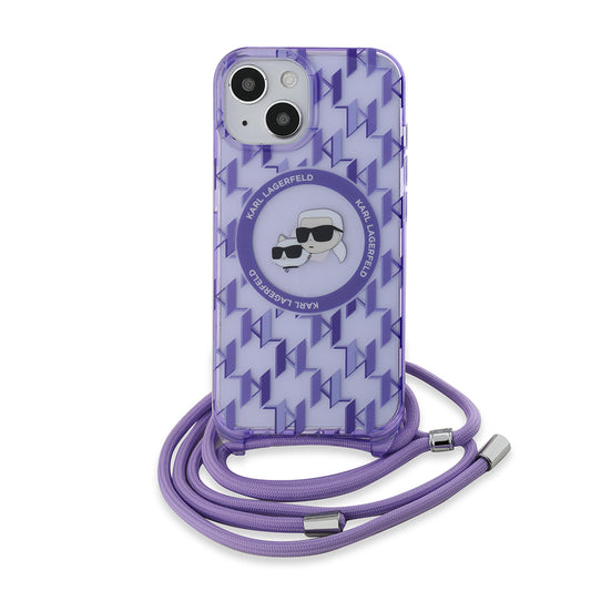 Capa MagSafe para Apple iPhone 15, Karl Lagerfeld, IML Crossbody Monograma Karl & Choupette's Heads, Roxo