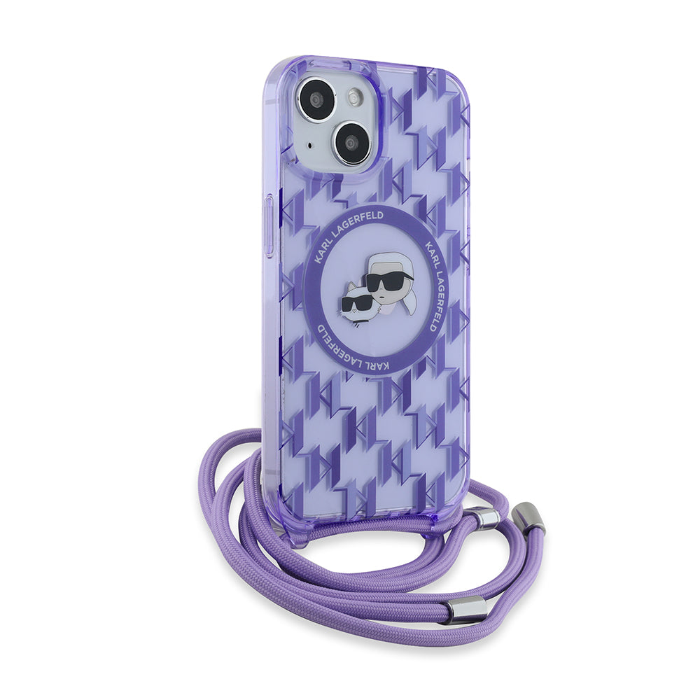 Capa MagSafe para Apple iPhone 15, Karl Lagerfeld, IML Crossbody Monograma Karl & Choupette's Heads, Roxo