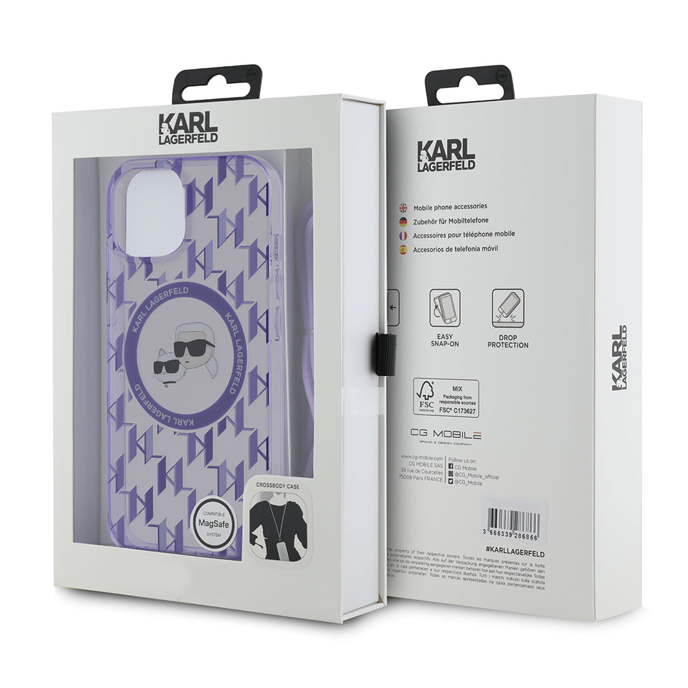 Capa MagSafe para Apple iPhone 15, Karl Lagerfeld, IML Crossbody Monograma Karl & Choupette's Heads, Roxo