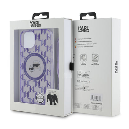Capa MagSafe para Apple iPhone 15, Karl Lagerfeld, IML Crossbody Monograma Karl & Choupette's Heads, Roxo
